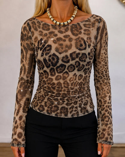 Women's Leopard Print Rhinestone Mesh Boat Neck Flare Sleeve Ruched Slim Top