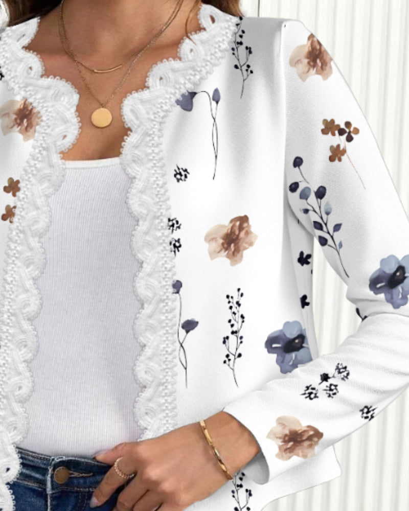 Floral Print Open Front Long Sleeve Casual Contrast Lace Short Cardigan