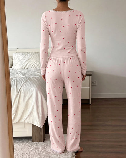 Women's 2 Piece Heart Print Lounge Set Lace Trim Rib-Knit Pajama Set Slim Fit Long Sleeve Top and Pants with Pockets