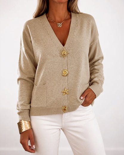 Women's Gold Button Knit Cardigan V Neck Sweater with Pockets