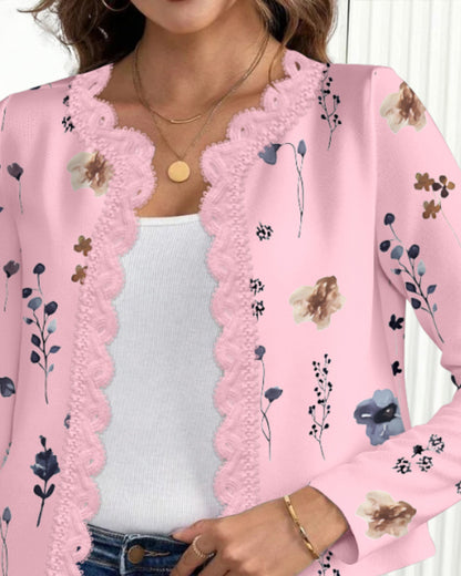 Floral Print Open Front Long Sleeve Casual Contrast Lace Short Cardigan