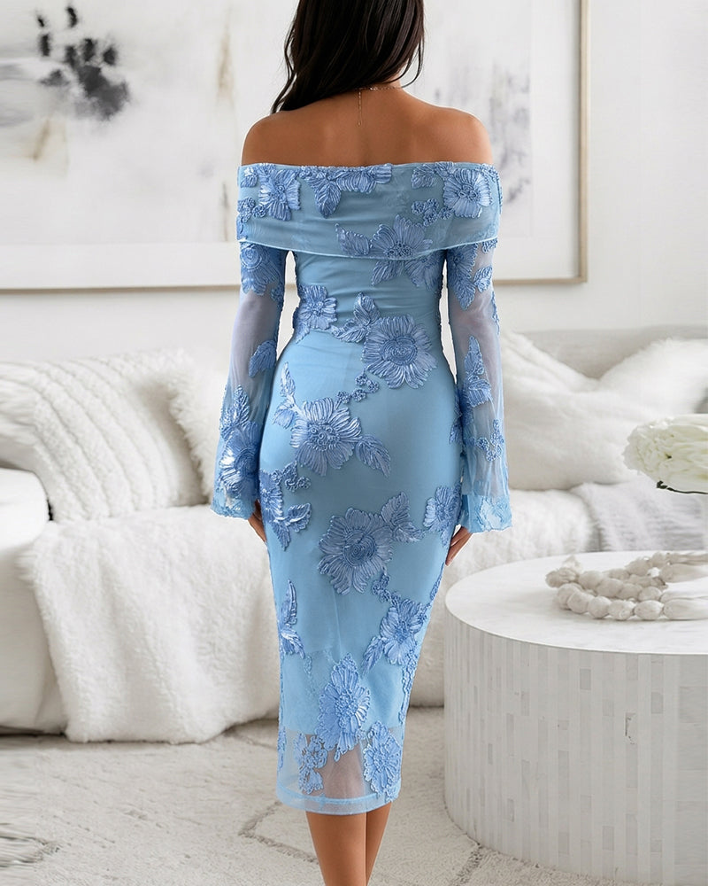 Women's Foldover Off Shoulder Mesh Midi Dress Sheer Flare Sleeve Bodycon Dress Elegant Embroidered Floral Party Dress