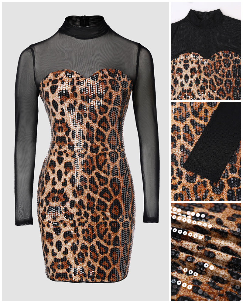Leopard Print & Sequin Decor Mock Neck Sheer Mesh Spliced Bodycon Dress Zipper Back Mini Party Dress