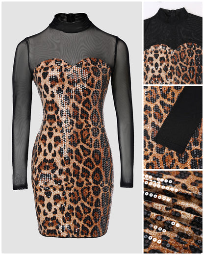 Leopard Print & Sequin Decor Mock Neck Sheer Mesh Spliced Bodycon Dress Zipper Back Mini Party Dress