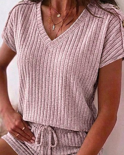 Women's Ribbed Knit 2 Piece Outfits V Neck Short Sleeve Top and Drawstring Shorts Set Casual Lounge Suits with Pockets