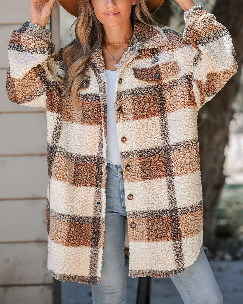Women's Plaid Fleece Shacket Lapel Button Down Mid Length Oversized Jacket