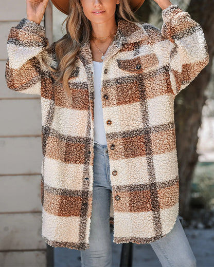 Women's Plaid Fleece Shacket Lapel Button Down Mid Length Oversized Jacket