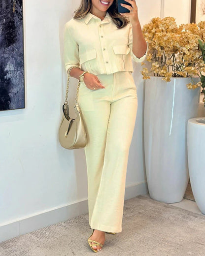 2 Pieces Outfit Turn-down Collar Turn-Up Sleeves Button Front Flap Pockets Design Top and Causal Zipper Fly Elastic Back Waist Wide Leg Pants Set
