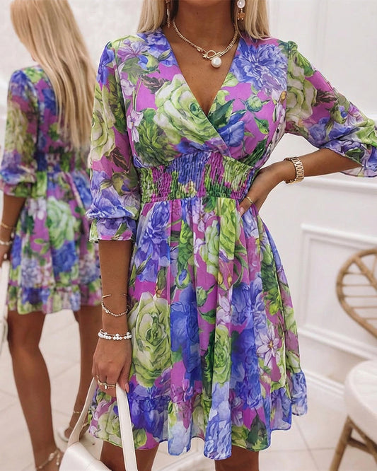 Floral Print Overlap V Neck Long Sleeve Shirred Waist Ruffle Hem Dress Casual Cinched Waist Flared Cuffs Chiffon Vacation Dress with Lining