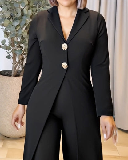 Notched Collar Long Sleeve Button Front Jumpsuit Casual Cinched Waist Wide Leg Faux Two Piece Jumpsuit