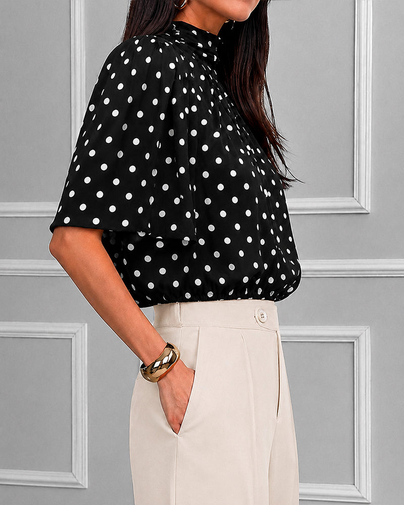 Women's Mock Neck Chiffon Blouse Polka Dot Ruched Elegant Flared Sleeve Top Casual Office Commute Shirt