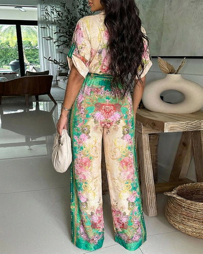 Vintage Floral Print Turn-down Collar Roll Up Sleeve Button Front Overalls Casual Drawstring Stretchy Waist Wide Leg Vacation Jumpsuit