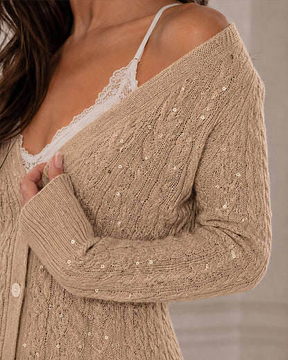 Women's Sequin Cable Knit Cardigan V Neck Button Down Slim Fit Long Sleeve Sweater