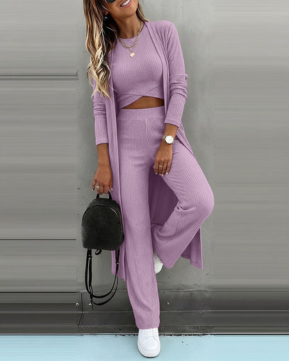 Women's 3 Piece Knit Set Long Cardigan Criss Cross Crop Tank Top and Wide Leg Pants Casual Ribbed Brushed Lounge Set