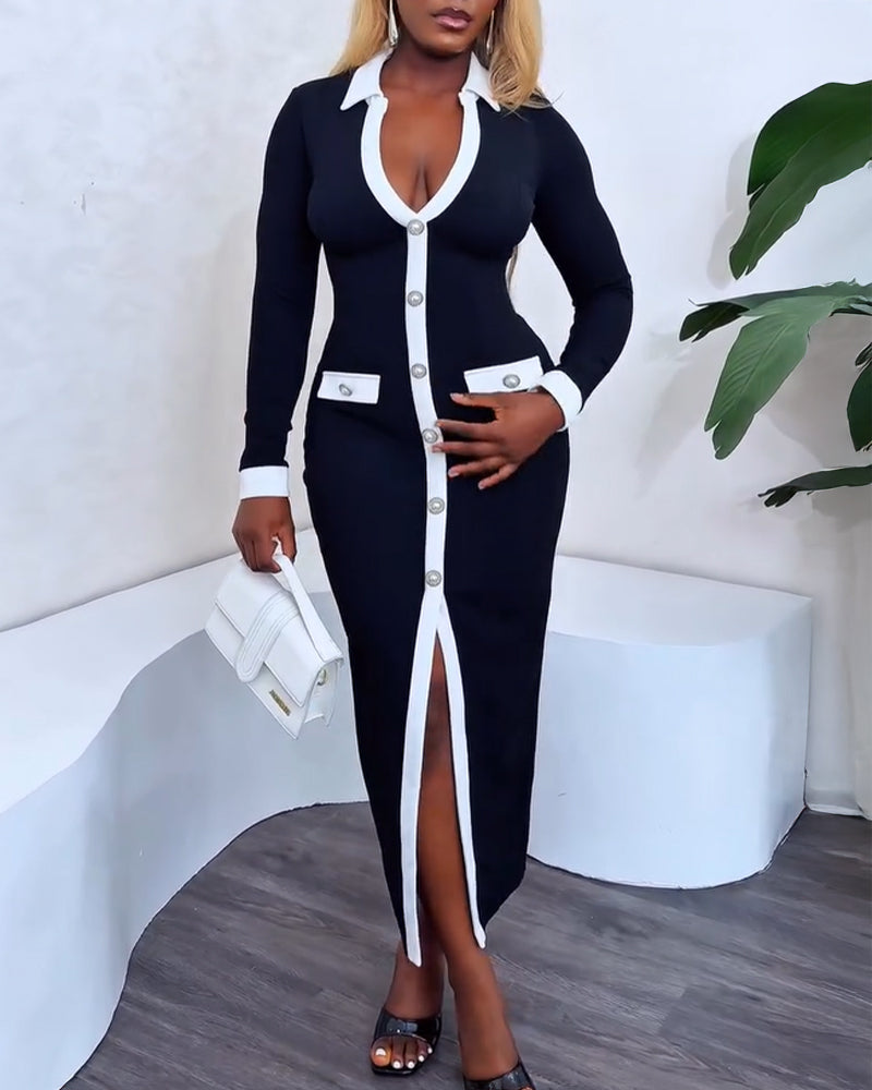 Pearls Button Decor Contrast Paneled Turn down Collar Slit Front Dress Zipper Side Flap Detail Slim Fit Commuting Dress