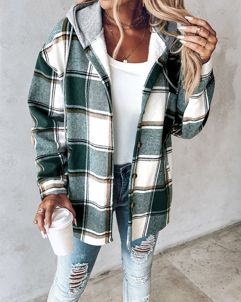 Plaid Pattern Long Sleeve Shacket Button Down Fleece Lined Hooded Jackets Warm Coat