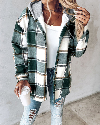 Plaid Pattern Long Sleeve Shacket Button Down Fleece Lined Hooded Jackets Warm Coat