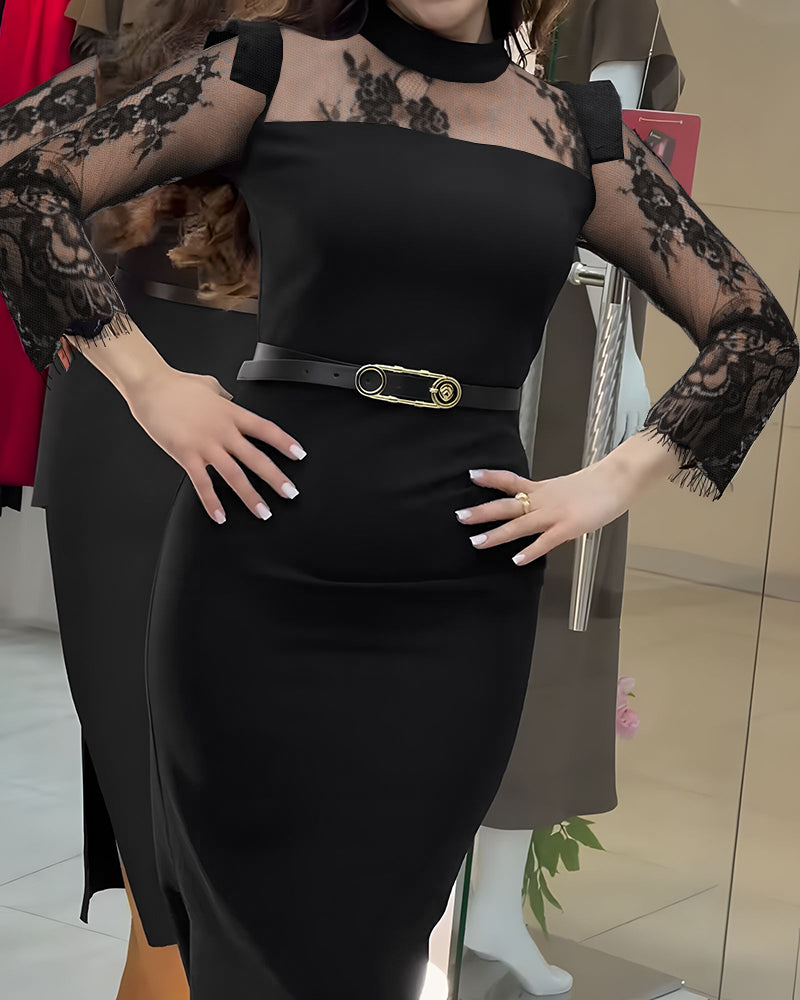 High Neck Long Sleeve Lace Pattern Mesh Patchwork Chic Zipper Mid-Calf Dress