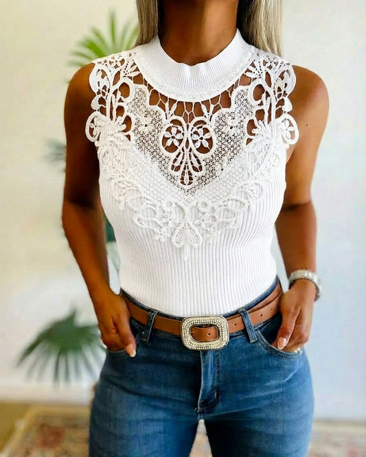 Mock Neck Sleeveless Guipure Lace Spliced Tank Slim Fit Ribbed Knit Top