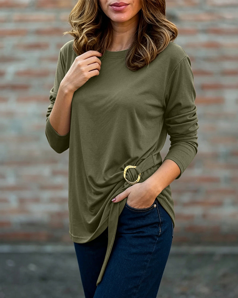 Women's Crewneck Long Sleeve Loose Fit Top Side Buckle Ruched Draped Tie Detail Casual Tee