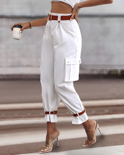 Women's Pockets Design Cargo Pants Casual High Waisted Trousers with Contrast Belt