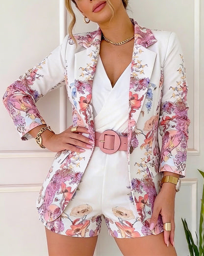 Women's Floral Blazer & Shorts Set Elegant Single-Breasted Coat and High-Waisted Shorts with Belt