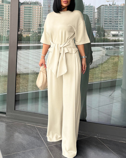 Women's 2 Piece Outfits Tied Waist Half Sleeve Top and High Waisted Pleated Wide Leg Pants Casual Loungewear