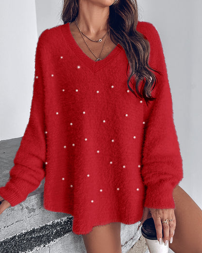 V Neck Long Sleeve Beaded Decor Oversized Sweater Fluffy Pullover Top