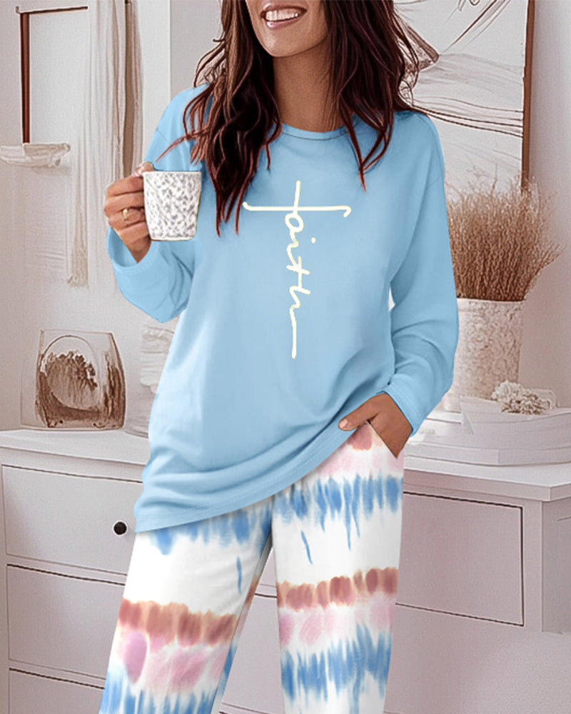 2 Pieces Outfit Letter Placement Print Long Sleeve Drop Shoulder Top and Ombre Loose Fit Pants Set Casual Pajamas Set