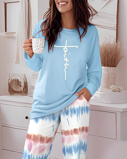 2 Pieces Outfit Letter Placement Print Long Sleeve Drop Shoulder Top and Ombre Loose Fit Pants Set Casual Pajamas Set