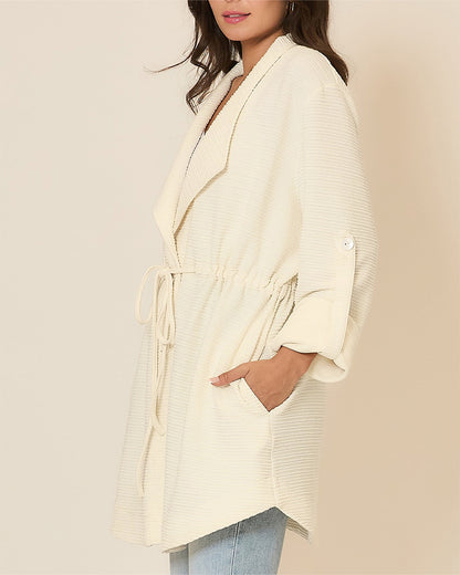 Women's Textured Drawstring Waist Lapel Coat Mid-length Roll Up Sleeve Button Front Trench Jacket