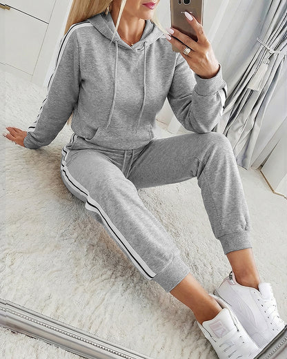 Women's Side Contrast Spliced 2-Piece Set Drawstring Hooded Sweatshirt and Jogger Set Casual Tracksuit