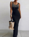 Women's Rhinestone U-Neck Maxi Dress Slim Fit Bodycon Sleeveless Long Knit Dress Elegant Evening Party Dress