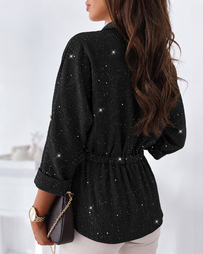 Women's Glitter Textured Drawstring Waist Roll-Up Sleeves Blouse