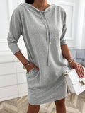 Stand Collar Drawstring Three Quarters Sleeve Casual Sweatshirt Dress