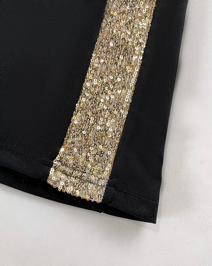 Sequin Bowknot Decor Contrast Sequin Paneled Square Neck Long Sleeve Jumpsuit Casual Cinched Waist Wide Leg Jumpsuit