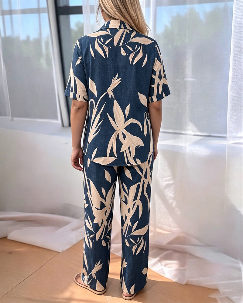 Women's 2 Piece Tropical Leaf Print Set Short Sleeve Button Down Shirt and Wide Leg Pants Vacation Outfits with Pockets
