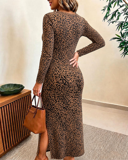 Women's Leopard Print Long Sleeve Party Dress Slim Fit Gold Ring Twist Side Slit Dress