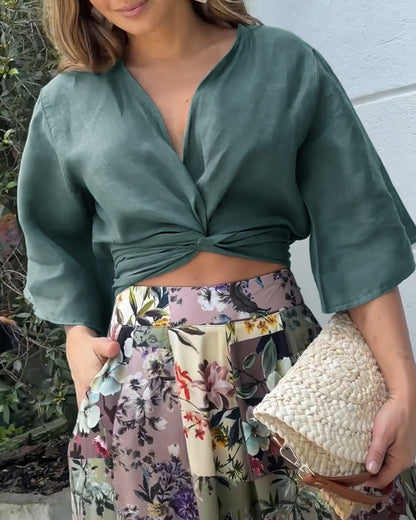 Twisted Crop Top & Floral Print Wide Leg Pants Set
