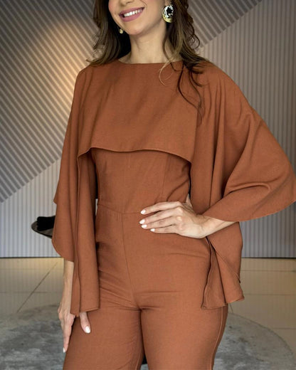 Women's Cape Jumpsuit High Waist Straight Leg Overalls Elegant Evening Jumpsuit with Pockets