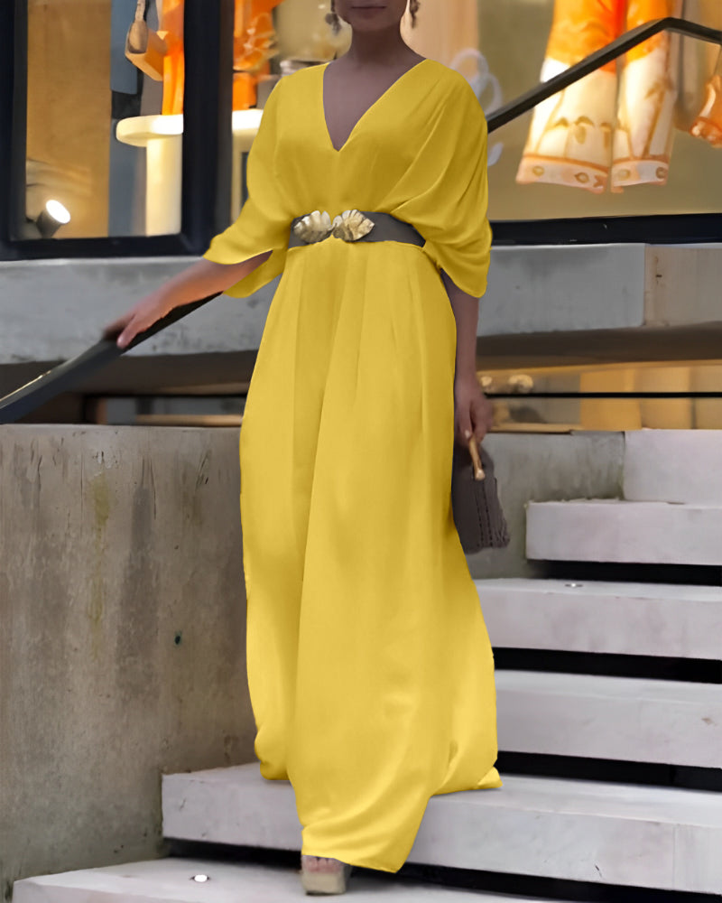 Deep V-Neck Ruched Three Quarters Sleeve Backless Overalls Casual Waist-Gathered Tied Detail Jumpsuit without Belt