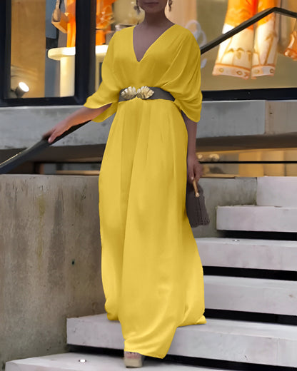 Deep V-Neck Ruched Three Quarters Sleeve Backless Overalls Casual Waist-Gathered Tied Detail Jumpsuit without Belt