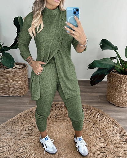 2 Pieces Outfit Mock Neck Long Sleeve Button Decor Slit Mid-Length Top and Stretchy Drawstring High Waist Slim Fit Pants Set