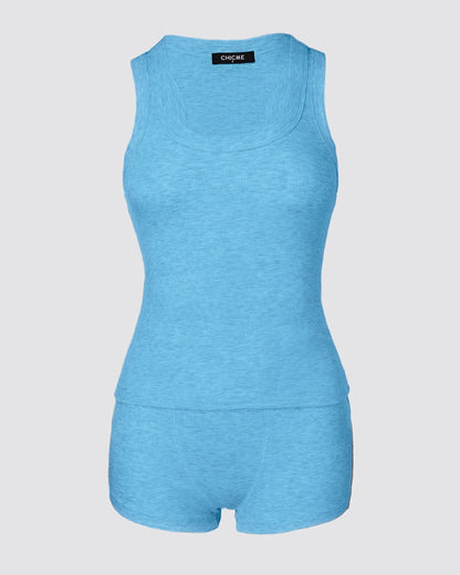 2PCS Micro-Ribbed U-Neck Tank Top & Boxer Set Cozy Loungewear