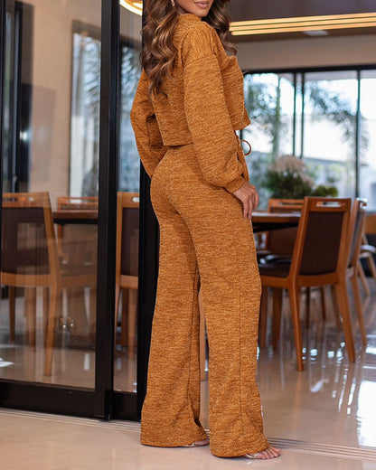 2 Pieces Outfit Fuzzy Knit Lantern Sleeve Cardigan and Casual Drawstring Wide Leg Pants Set
