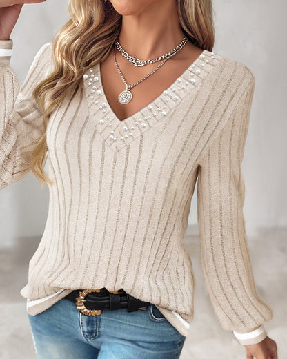 V-Neck Long Sleeve Pit Stripe Causal T-shirt