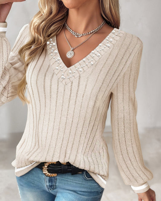 V-Neck Long Sleeve Pit Stripe Causal T-shirt
