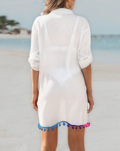 Turn-down Collar Roll Up Sleeve Tassel Hem Pompom Side Slit Straight Dress Casaul Dress