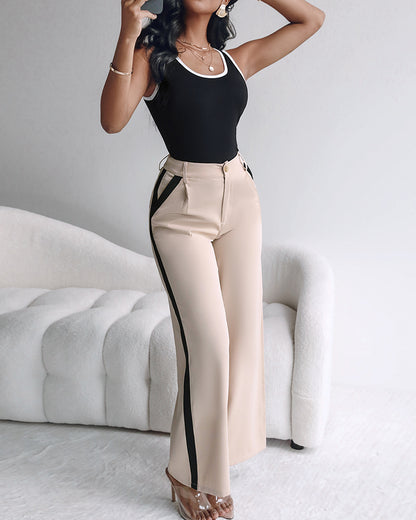 2 Piece Contrast Binding Sleeveless Slim Fit Tank Top and Striped Pants Sets Tracksuits Match Sets