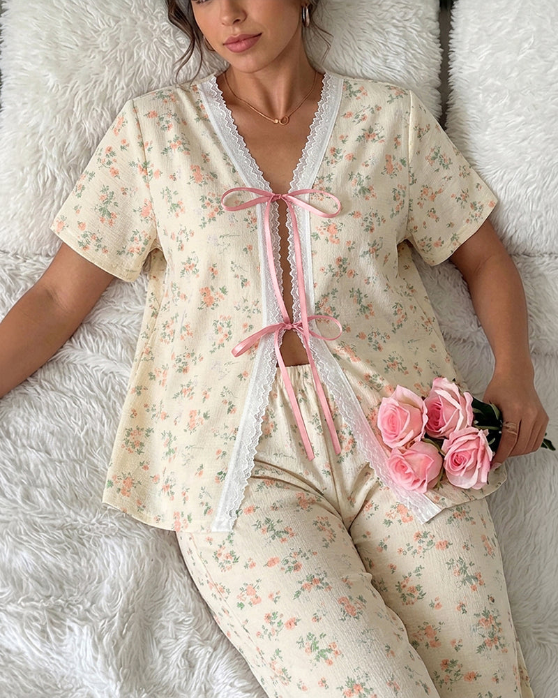 Women's 2 Piece Ditsy Floral Lace Trim Pajamas Set Tie Front Top and Wide Leg Pants Casual Loungewear